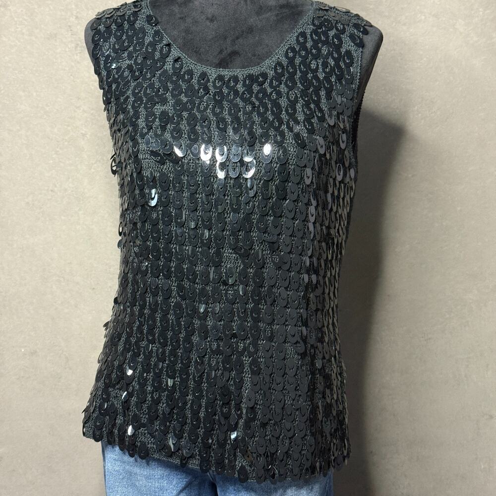 Uniform Petites Black Sequin Tank Top PL Ramie Rayon Sleeveless